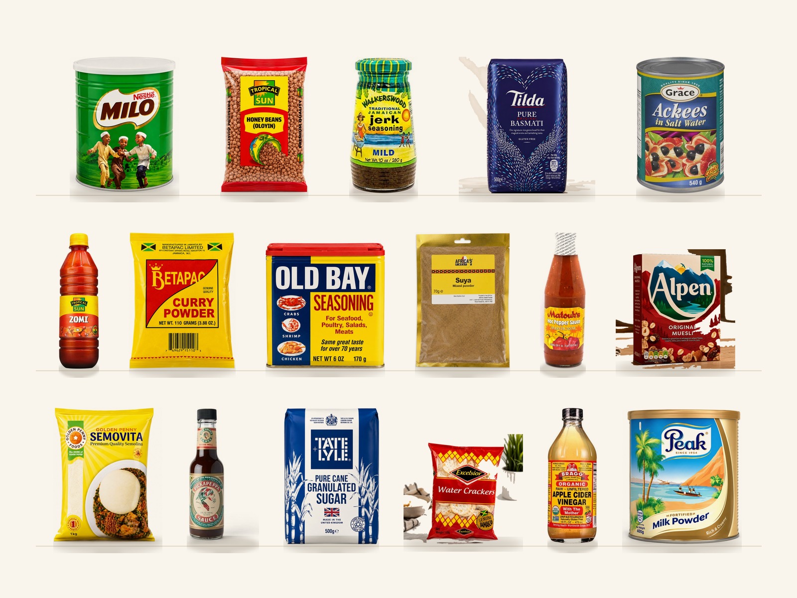WaraMart shelf of Milo, honey beans, jerk seasoning, basmati rice, ackee, Old Bay, palm oil and Peak milk powder
